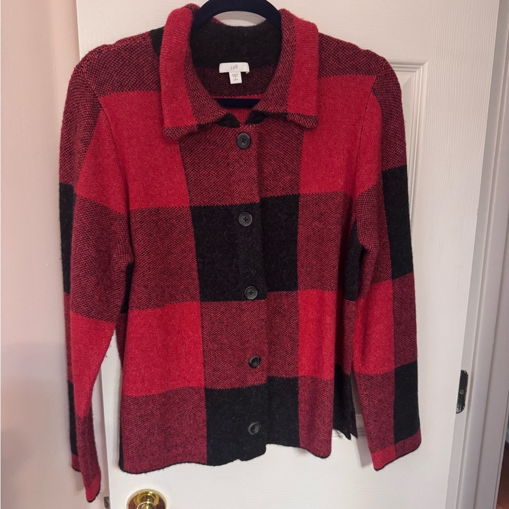 J. Jill Red and Black Plaid Cardigan